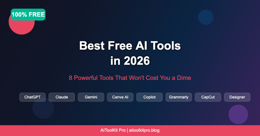 Best free AI tools in 2026 - featuring ChatGPT, Claude, Gemini, Canva AI, GitHub Copilot, Grammarly, CapCut, and Microsoft Designer