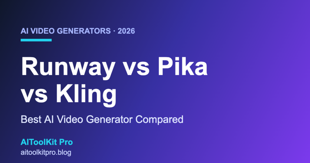 Runway vs Pika vs Kling AI video generator comparison dashboard graphic for 2026