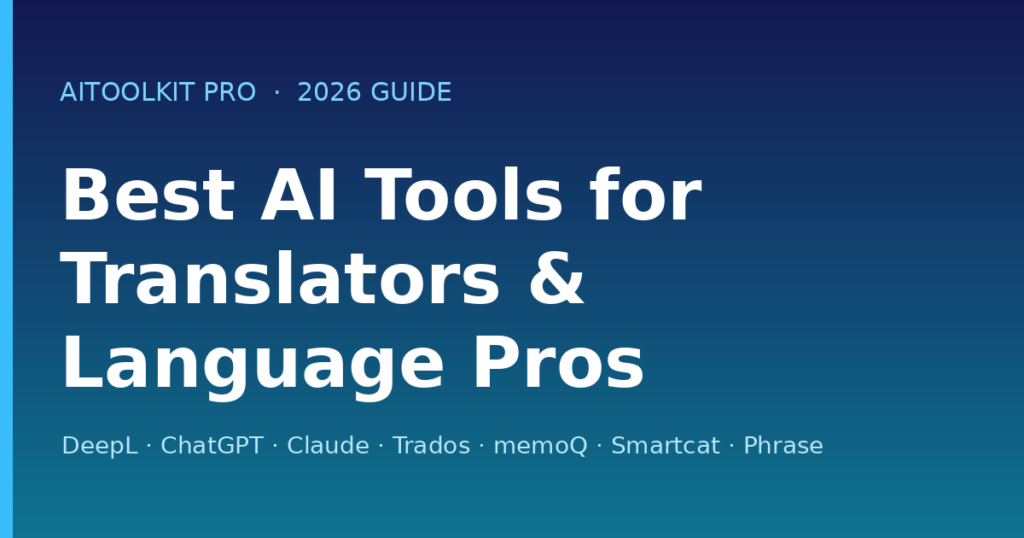 Best AI tools for translators 2026 dashboard with DeepL, ChatGPT, Claude, Trados, memoQ, Smartcat and Phrase